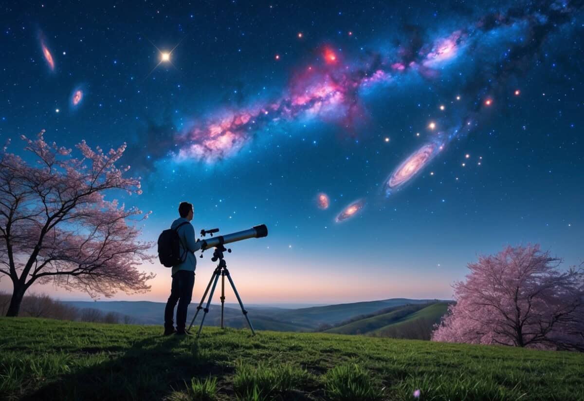 A person with a telescope observing colorful nebulae and star clusters in a clear spring night sky above blossoming trees and rolling hills.