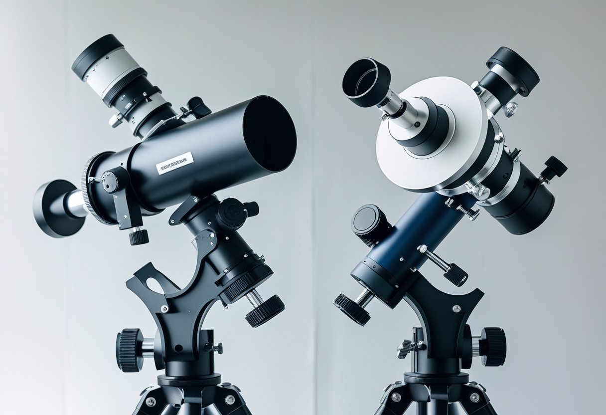 Two telescopes side by side, one with an equatorial mount and the other with an alt-azimuth mount, displayed clearly on a neutral background.