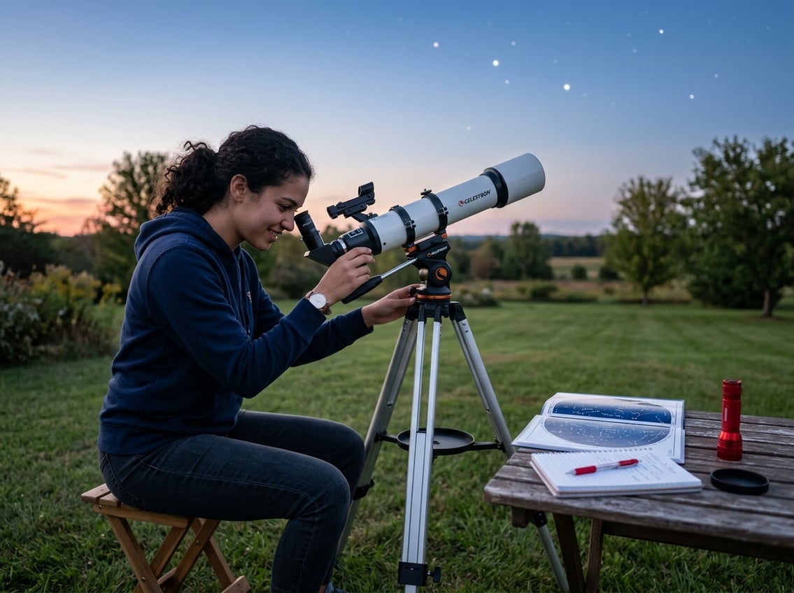 A person outdoors at dusk looking through a beginner telescope with a star map and notebook nearby.