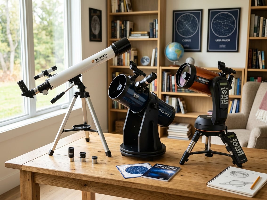 A variety of beginner telescopes arranged on a table with astronomy items in the background.