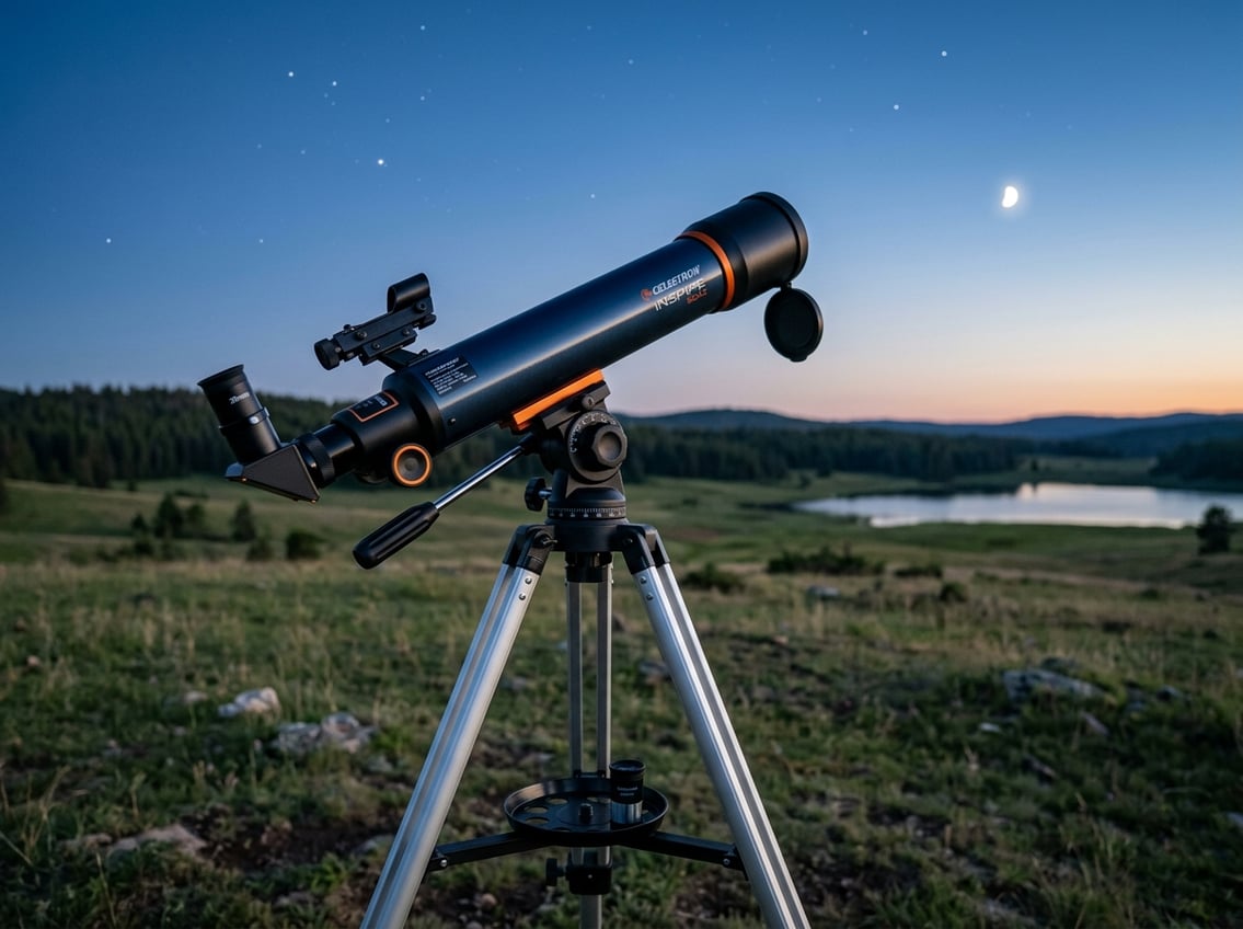A beginner telescope mounted on a tripod outdoors at twilight with stars starting to appear in the sky.