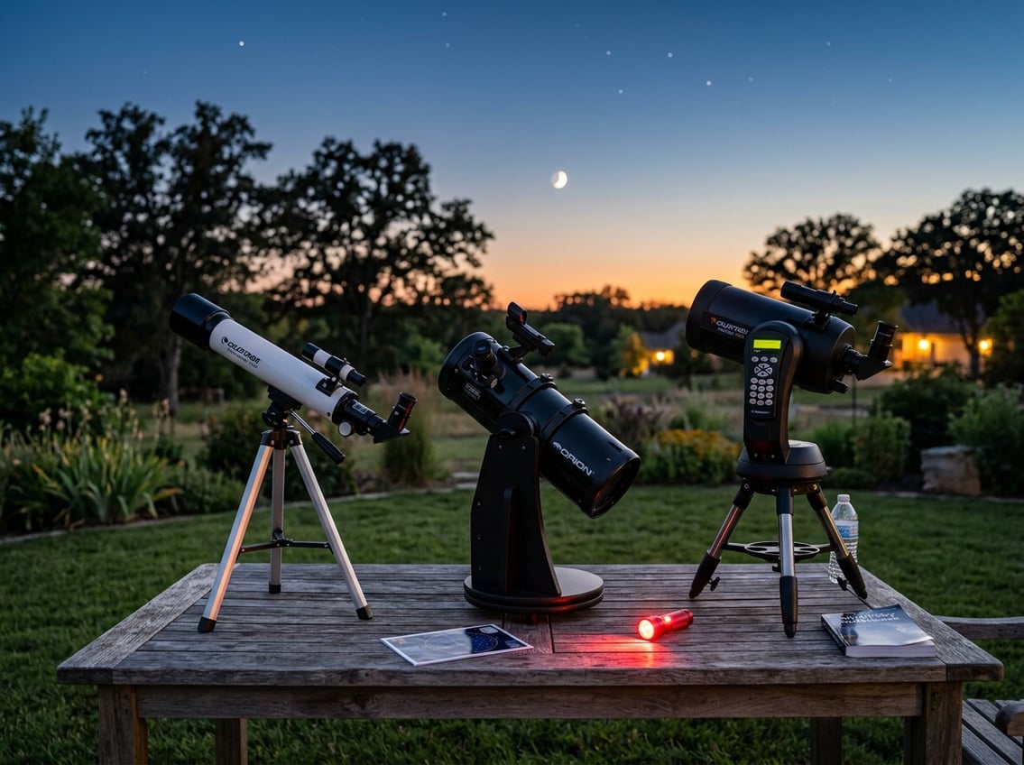 A selection of beginner telescopes on a wooden table outdoors at dusk with stars appearing in the sky.