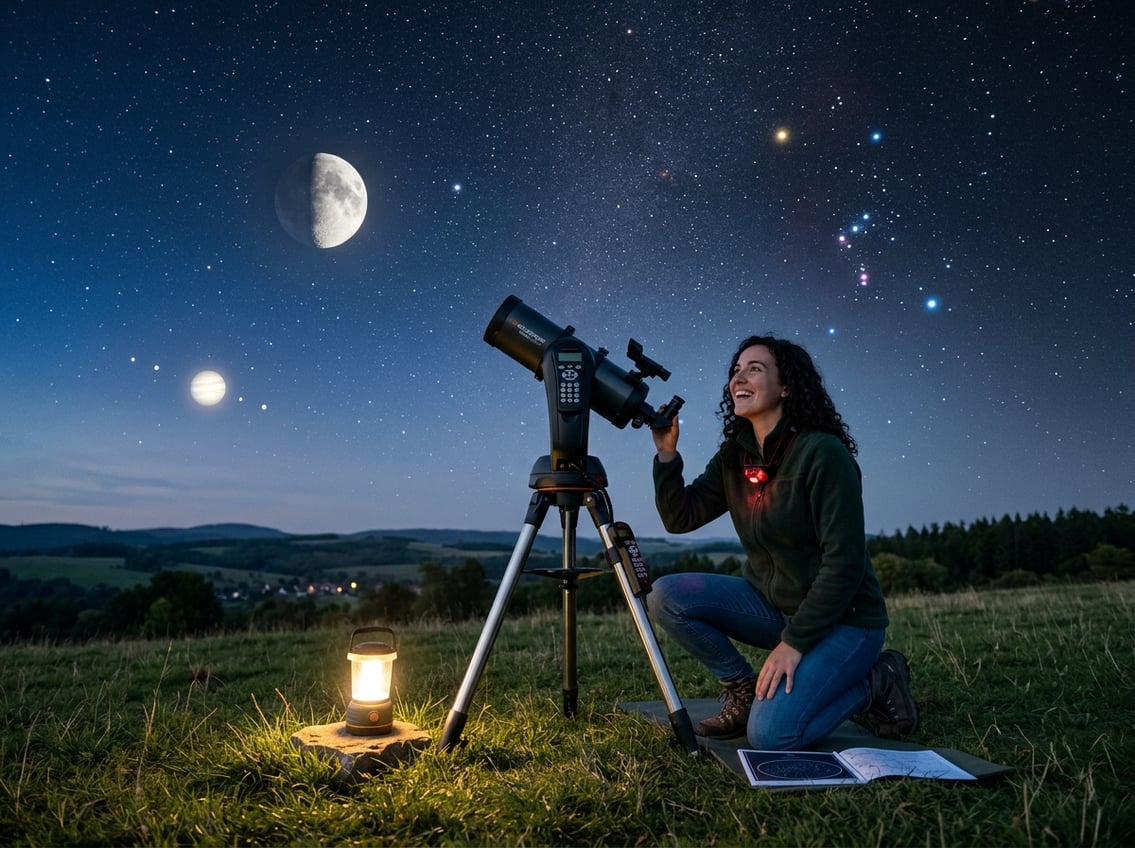 A person adjusting a telescope outdoors at dusk under a clear starry sky with the Moon, Jupiter, and Orion constellation visible.