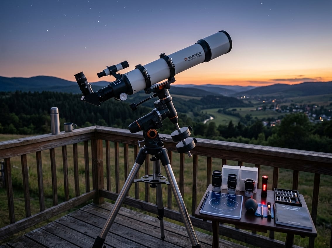 A beginner's telescope on a tripod outdoors at twilight with accessories like eyepieces, a star chart, and cleaning tools arranged nearby.