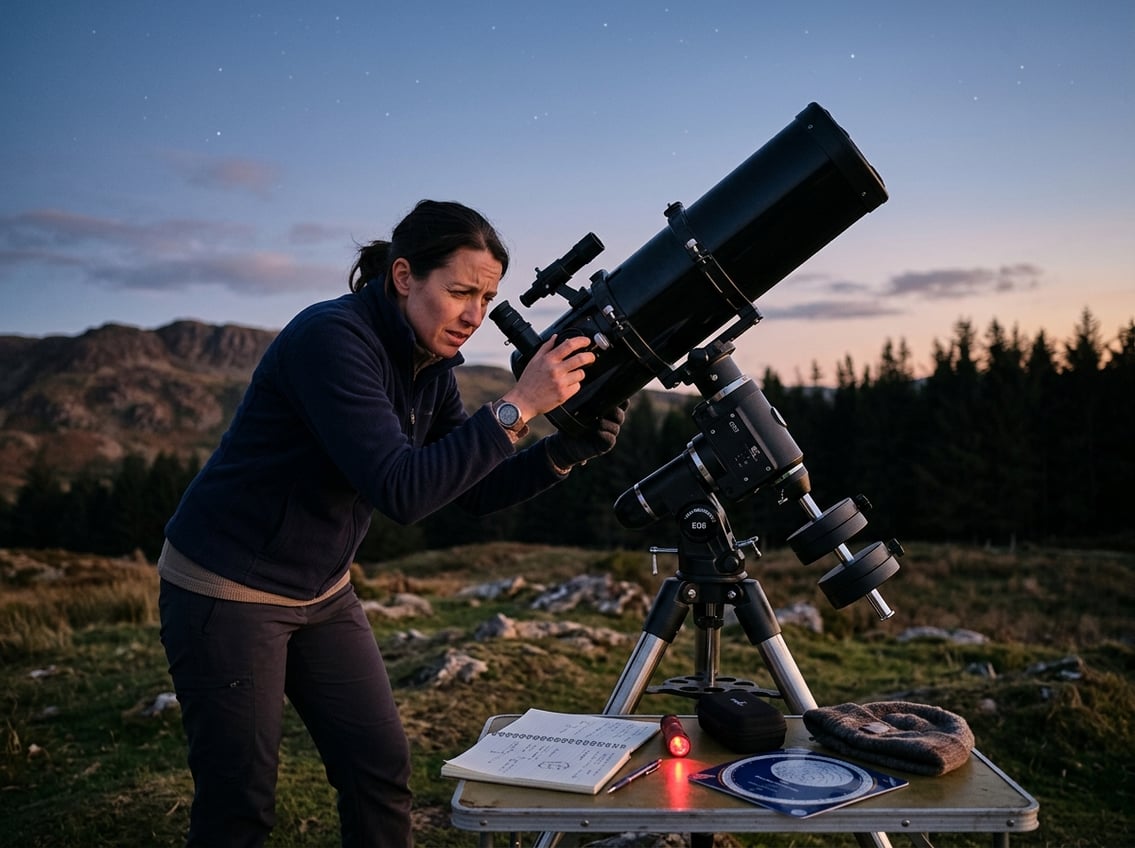 Person outdoors at twilight adjusting a telescope on a tripod, looking through the eyepiece with a concerned expression.