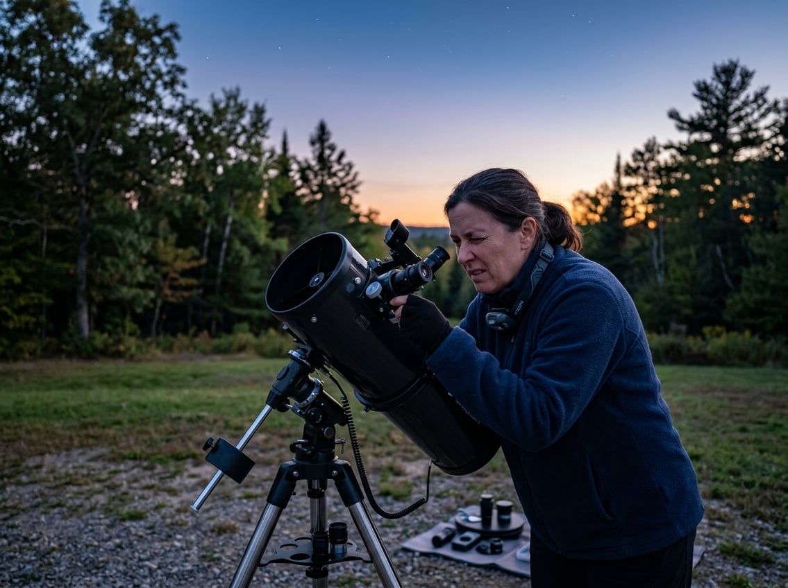 A person outdoors at dusk adjusting a telescope's finder scope with a puzzled expression under a starry sky.