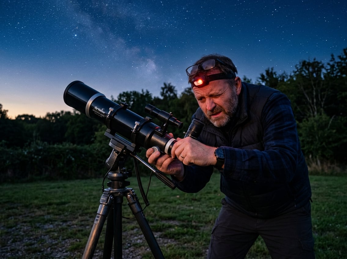 An adult outdoors at twilight adjusting a telescope with a frustrated expression under a starry sky.