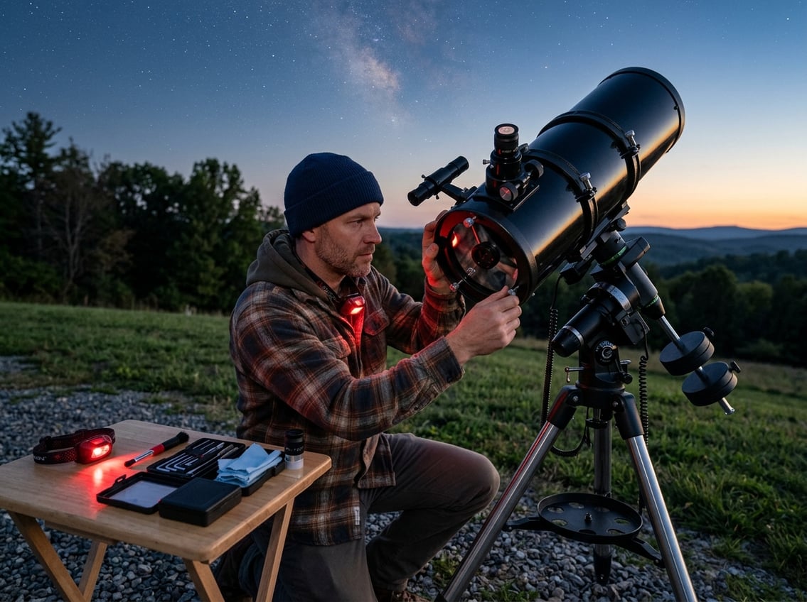 Person adjusting a telescope outdoors at twilight with tools nearby, preparing the telescope for stargazing.