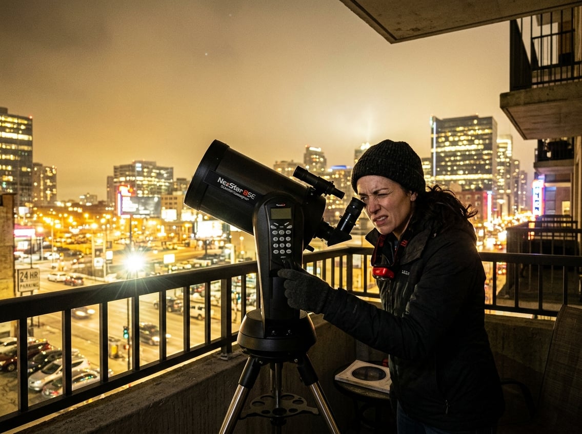 Person outdoors at night looking through a telescope but unable to see stars due to bright city lights and glare.