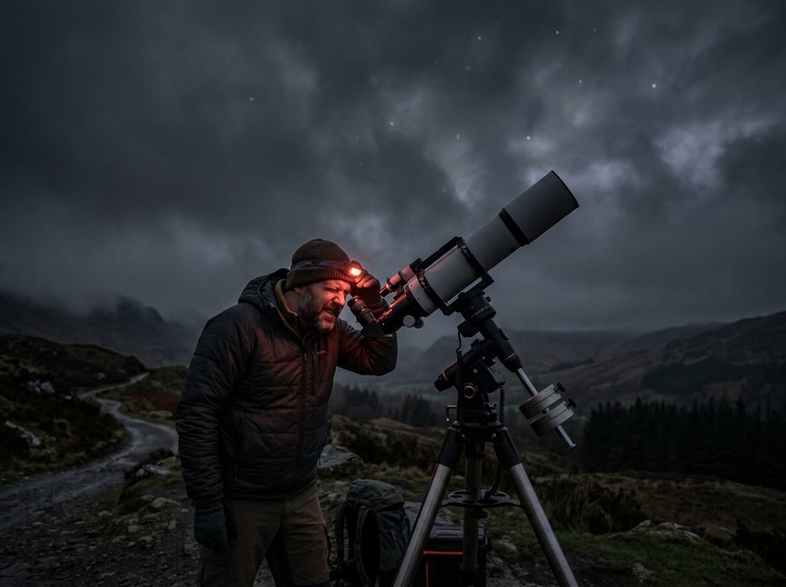 An astronomer outdoors at night looking through a telescope with cloudy, hazy sky obscuring the view.