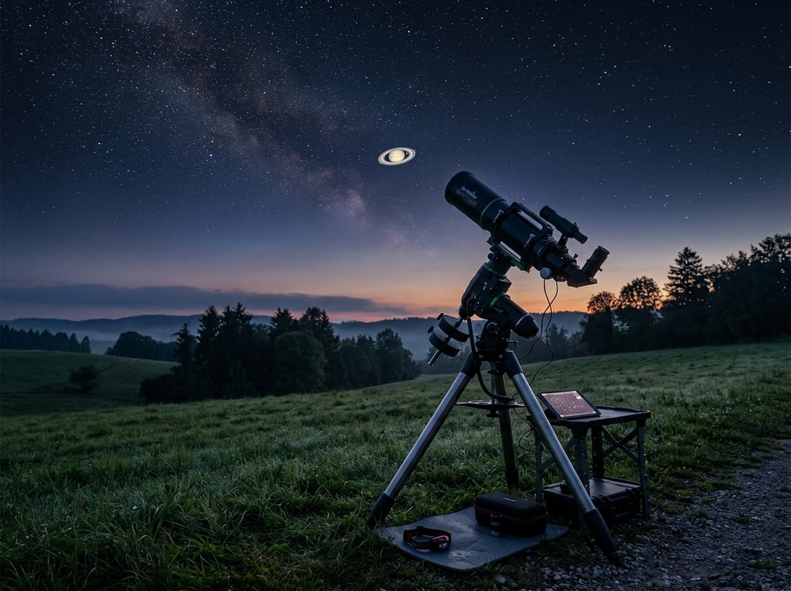 A telescope outdoors at dusk pointed at Saturn with its rings visible in the night sky.