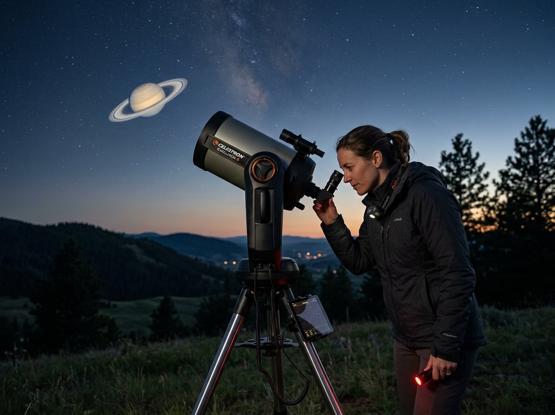 A person outdoors at dusk looking through a telescope at Saturn with its rings visible in the night sky.