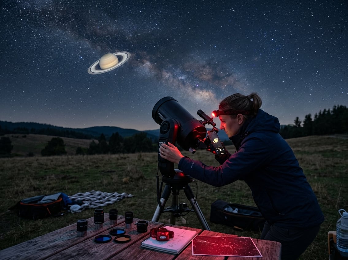 A person adjusting a telescope outdoors at night, aiming it toward a starry sky where Saturn with its rings is visible.