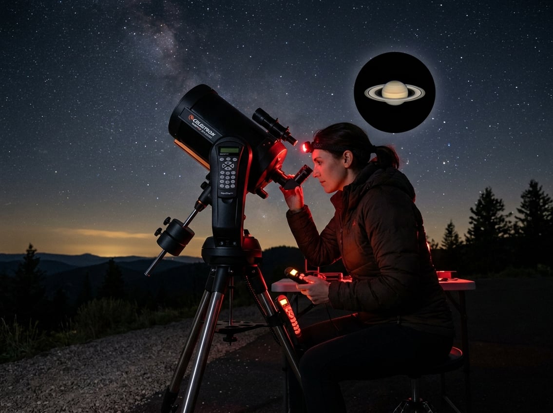 A person using a telescope outdoors at night to observe Saturn's rings under a clear starry sky.