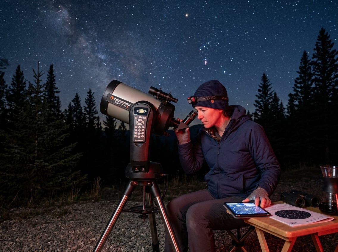 Person using a telescope outdoors at night with a smartphone, viewing Saturn and its rings in the sky.