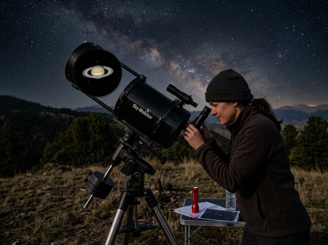 A person using a telescope outdoors at night to observe Saturn, with the planet and its rings visible through the telescope under a starry sky.