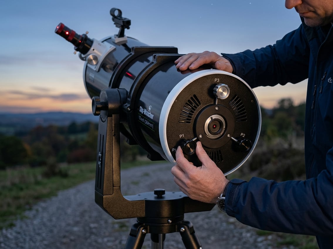 Hands adjusting the alignment screws on a reflector telescope mounted on a tripod outdoors during twilight.