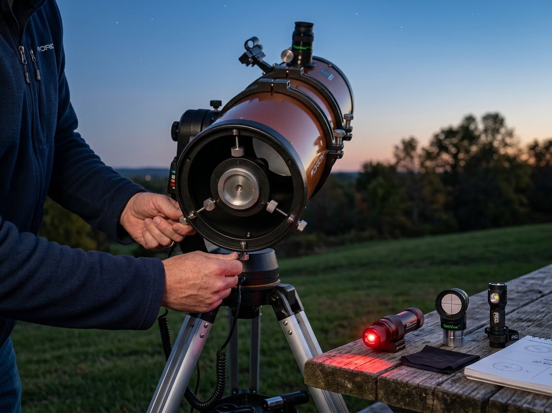 Hands adjusting a reflector telescope on a tripod with collimation tools arranged nearby outdoors at twilight.
