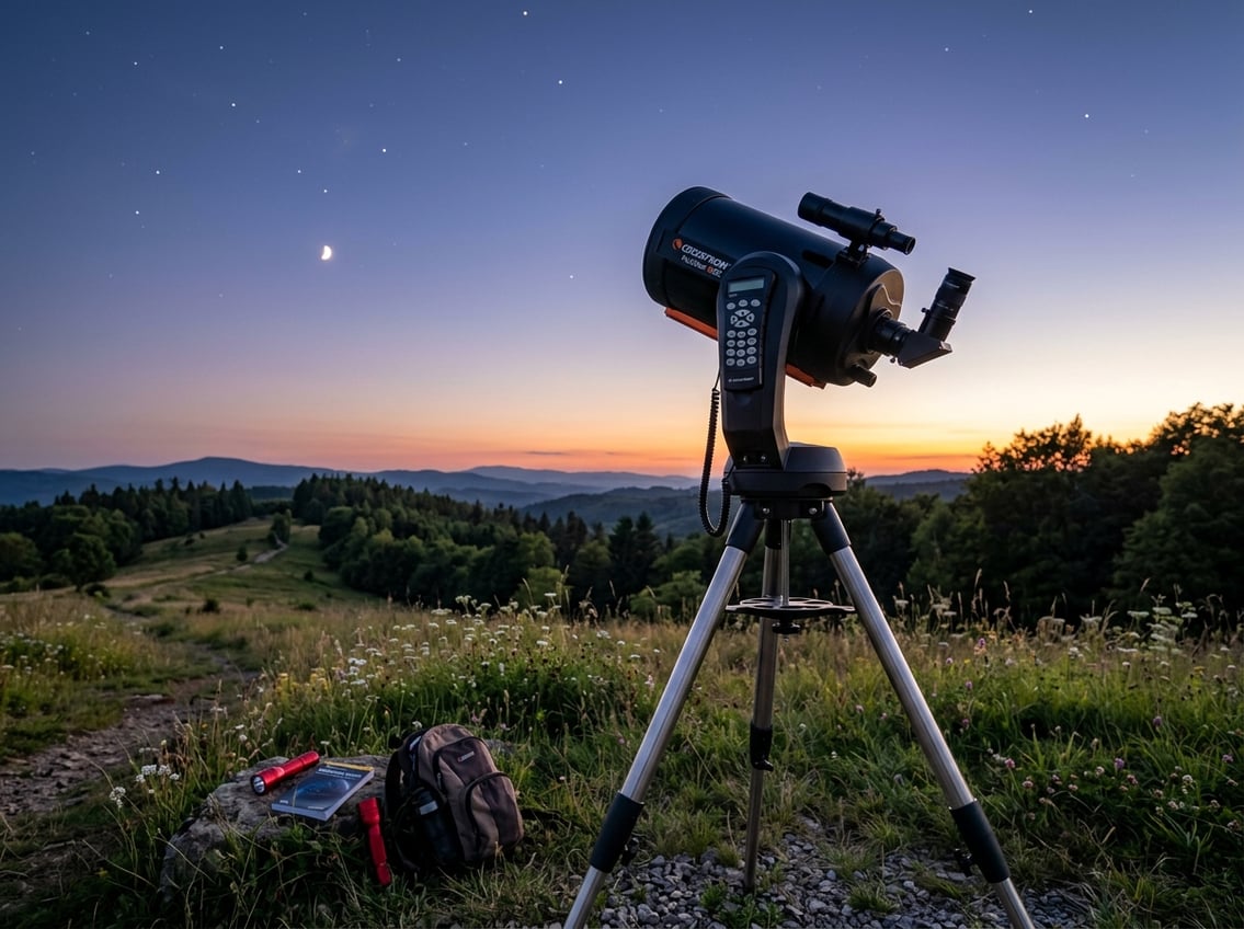 Celestron NexStar 8SE telescope set up outdoors at twilight with a clear sky in the background.