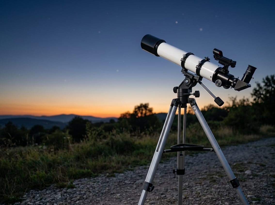 A Sky-Watcher Evostar 90 AZ refractor telescope set up outdoors at twilight with a clear sky and faint stars in the background.