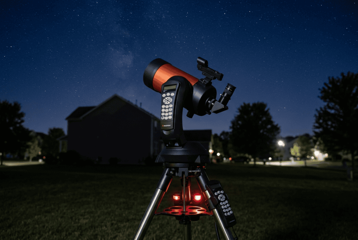 Celestron NexStar 4SE computerized GoTo telescope with its orange Maksutov tube in a backyard at night