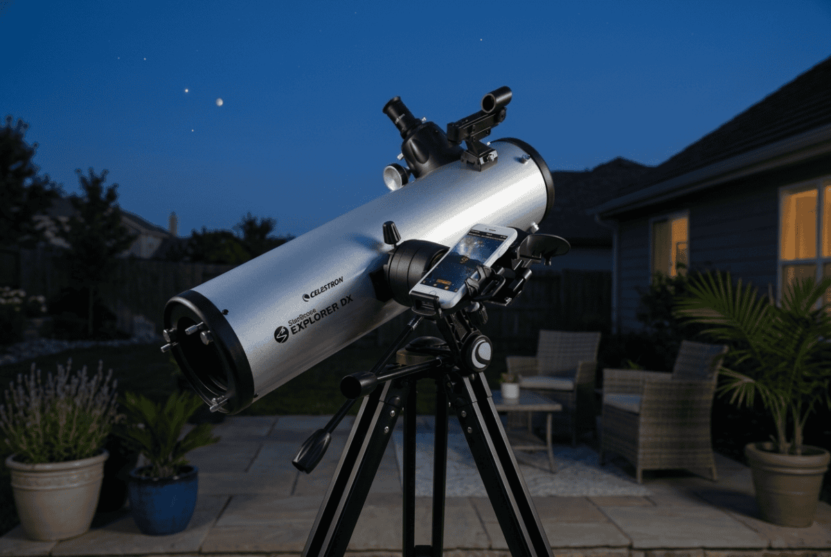 Celestron StarSense Explorer DX 130AZ reflector telescope with a smartphone docked in its StarSense phone holder at dusk