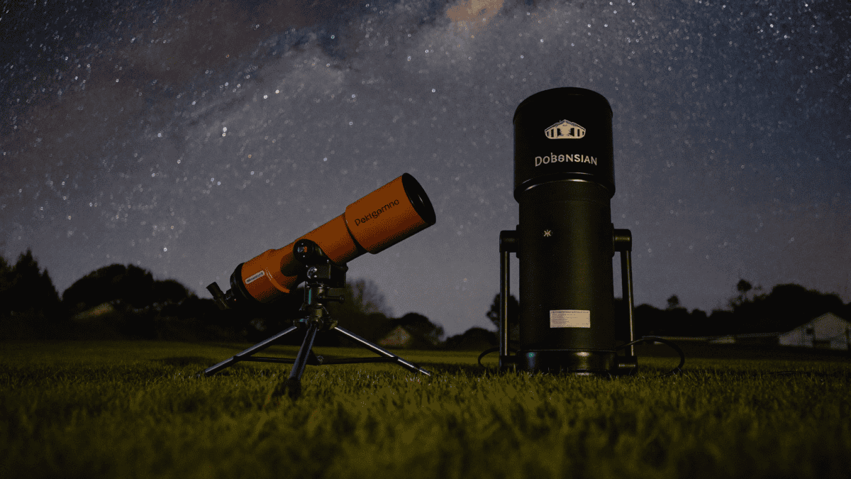 Two amateur telescopes side by side under a starry night sky
