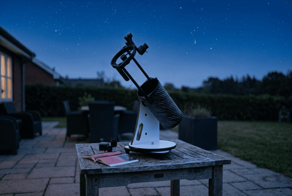Sky-Watcher Heritage 130P collapsible tabletop Dobsonian telescope on a garden table at dusk