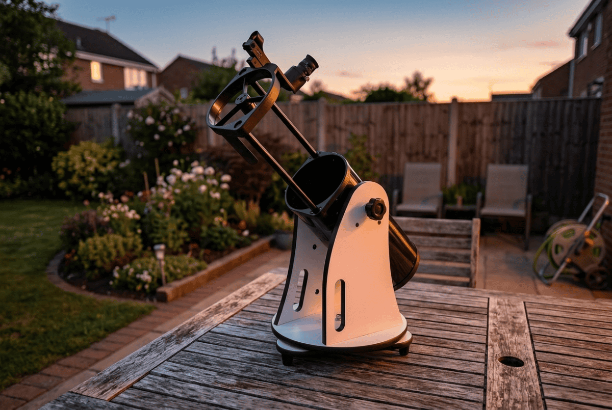 Sky-Watcher Heritage 150 collapsible tabletop Dobsonian telescope on a garden table in a backyard at dusk