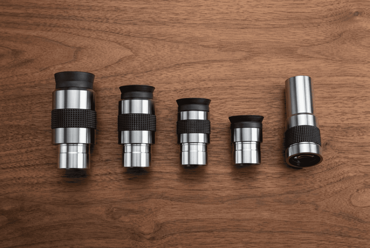 A set of beginner telescope eyepieces and a Barlow lens arranged on a wooden desk