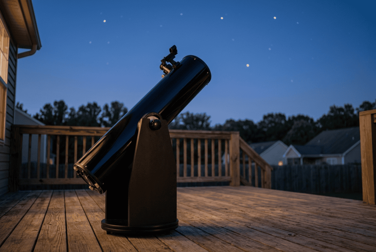 An 8-inch Dobsonian telescope set up on a backyard deck under a twilight sky