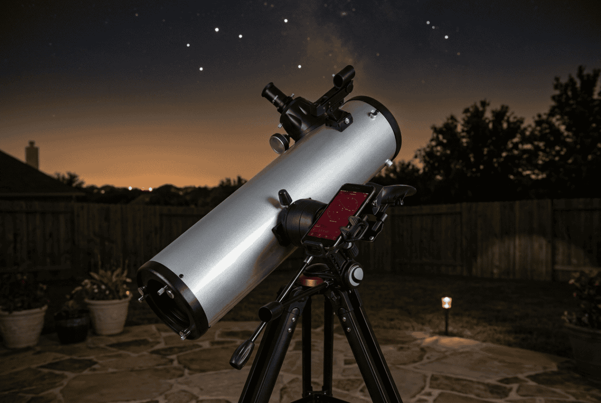 Celestron StarSense Explorer DX 130AZ telescope on a backyard patio under a light-polluted city sky