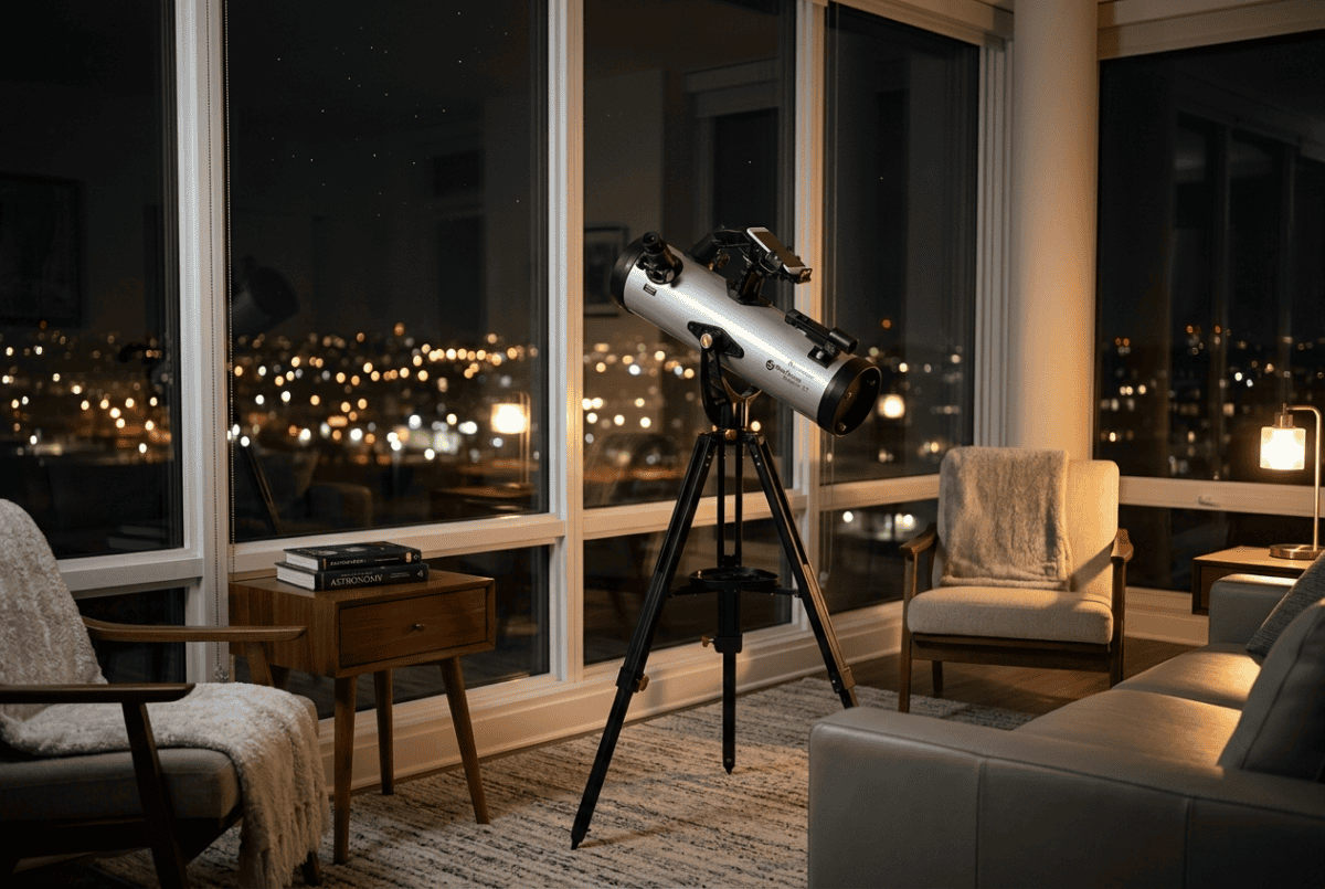 Celestron StarSense Explorer telescope beside a large apartment window at night with city lights