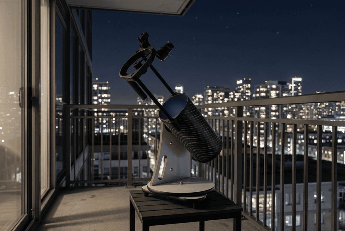 Sky-Watcher tabletop Dobsonian telescope on an apartment balcony overlooking city lights