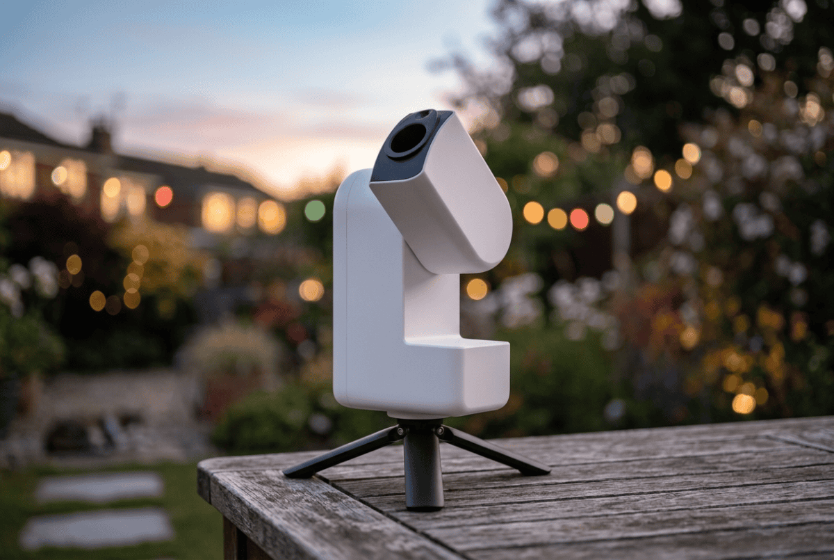 ZWO Seestar S30 compact smart telescope on a tripod outdoors at dusk