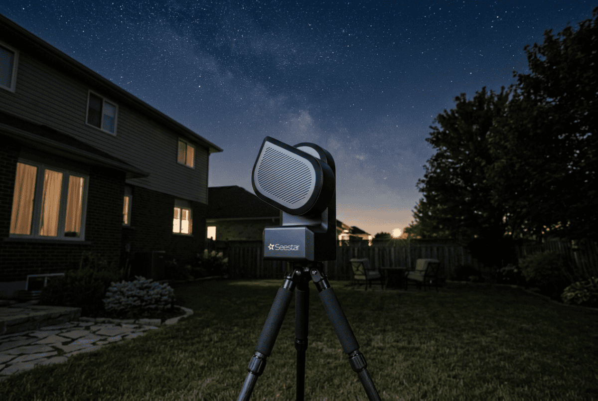ZWO Seestar S50 smart telescope on a tripod in a backyard under the Milky Way