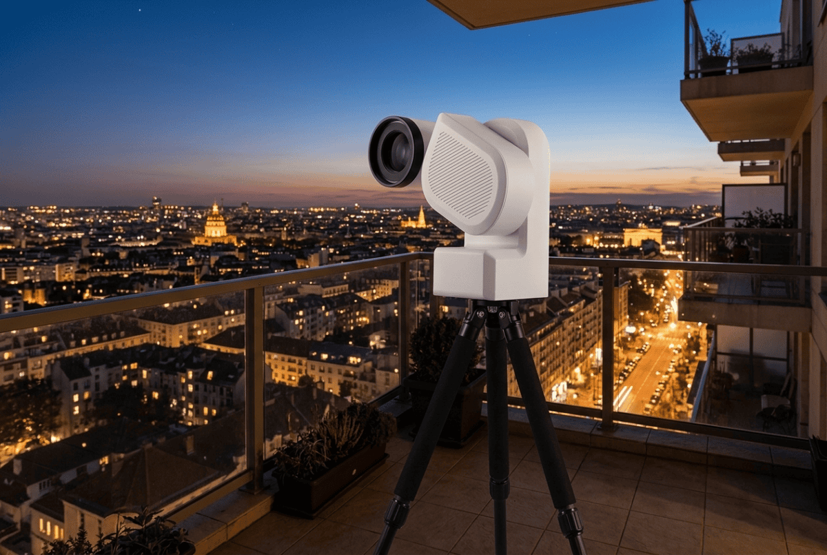 ZWO Seestar S50 smart telescope on a tripod overlooking a city at dusk