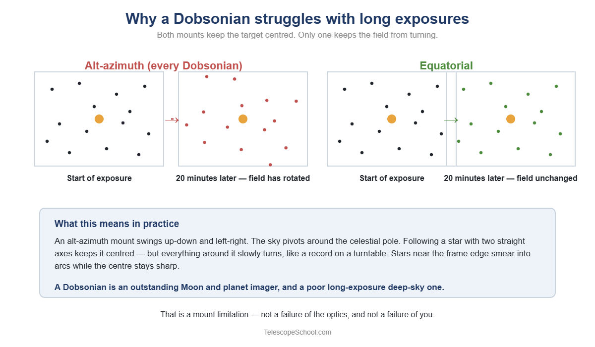 Diagram comparing field rotation on an alt-azimuth Dobsonian mount versus an equatorial mount over a twenty minute exposure