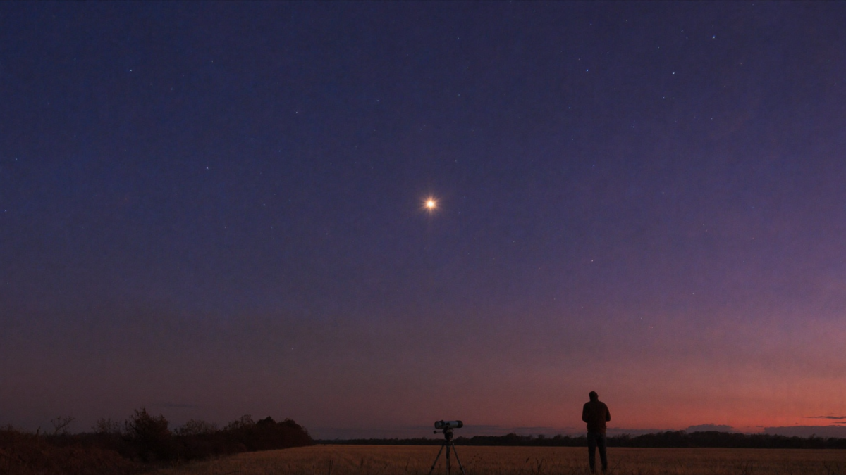 Bright planets shining above a rural horizon with a small telescope and observer silhouetted in the foreground