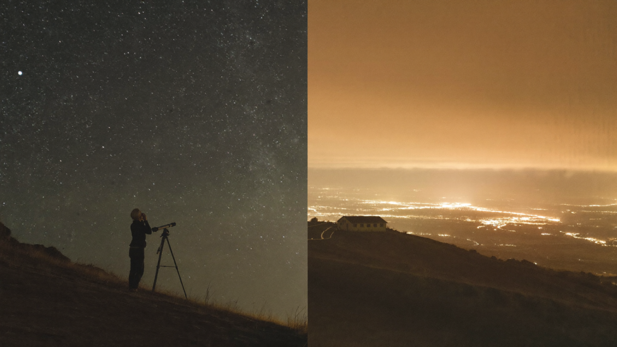 Contrast between a dark star-filled rural sky and the orange glow of light pollution over a distant valley