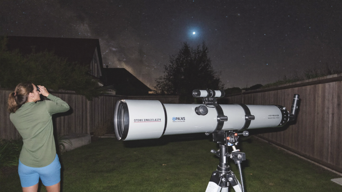 A person observing through a compact Schmidt-Cassegrain telescope on a fork mount in a backyard at night