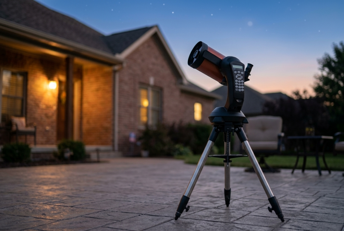 An orange compound Schmidt-Cassegrain telescope set up on a patio at dusk