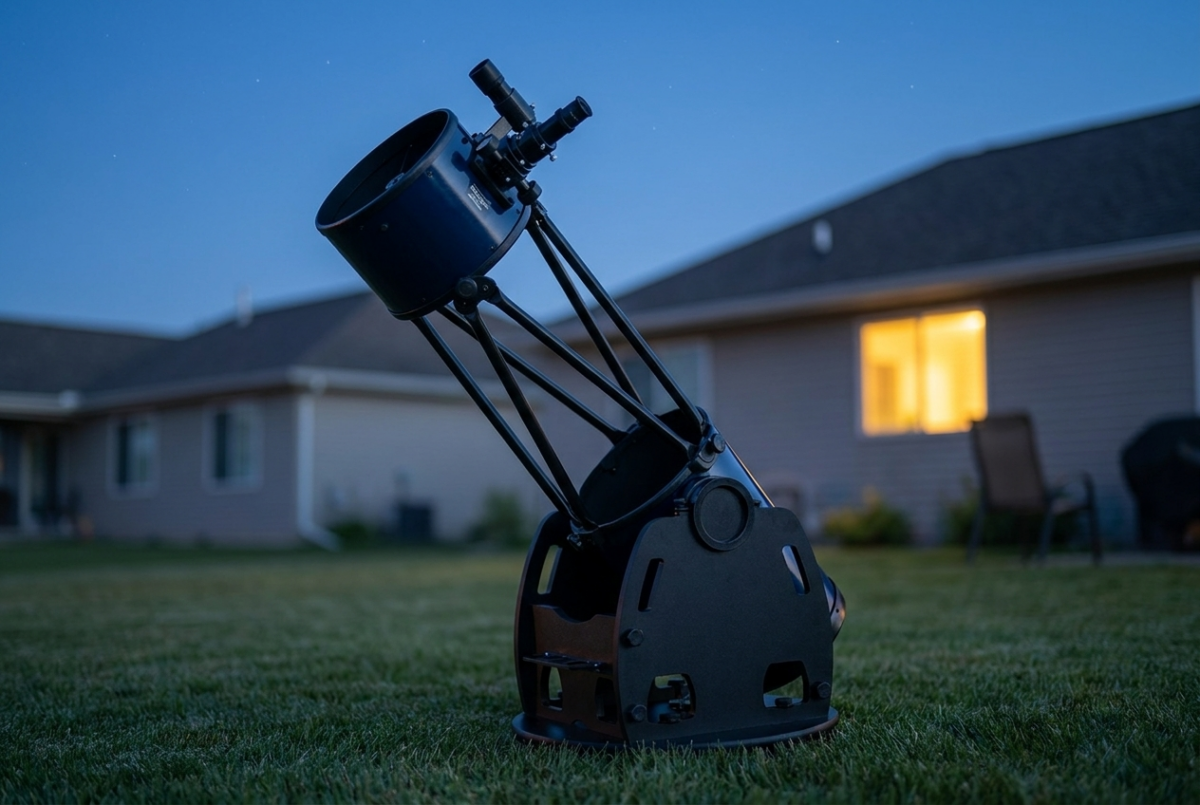 A truss-tube Dobsonian reflector telescope set up on a lawn at dusk