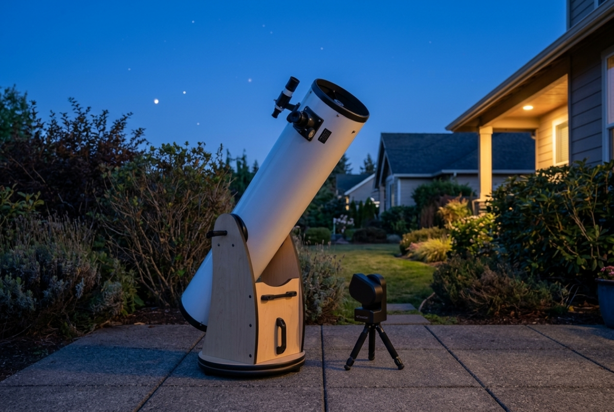 Traditional 8-inch Dobsonian reflector next to a compact ZWO Seestar S50 smart telescope showing the size difference