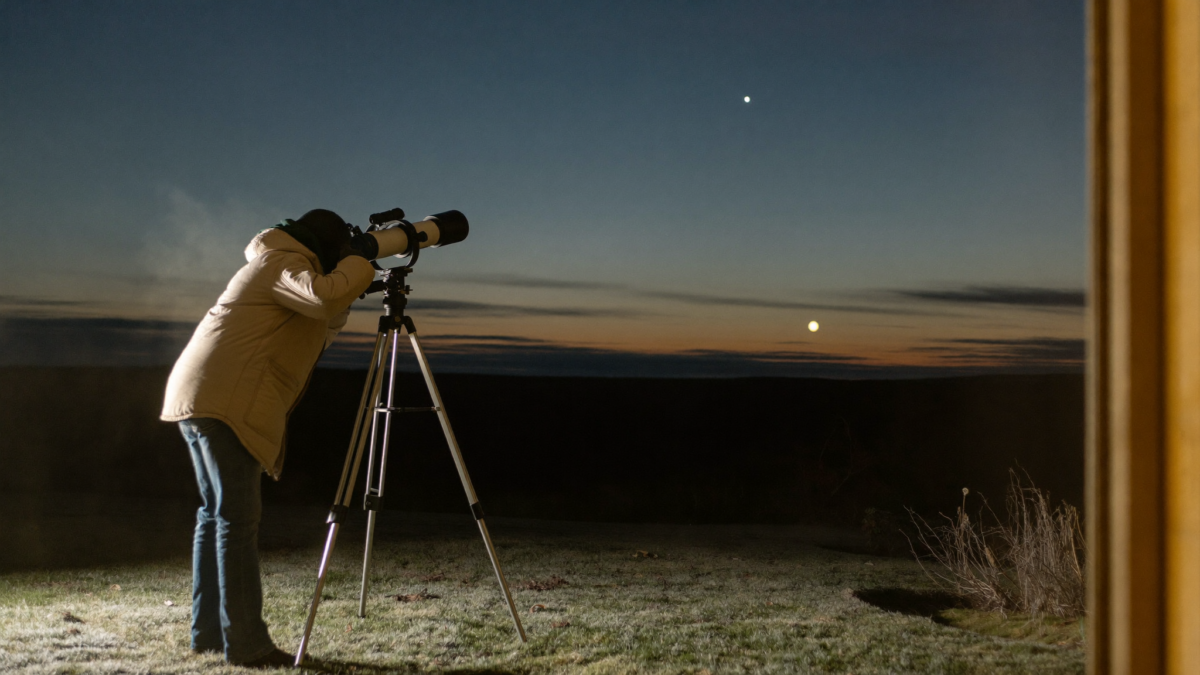 Observer at the eyepiece of a small refractor telescope before dawn with a bright planet high in the eastern sky