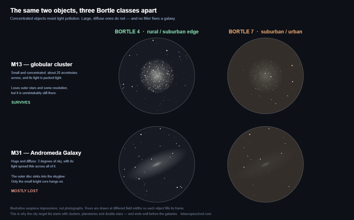 M13 globular cluster and M31 Andromeda Galaxy compared under Bortle 4 and Bortle 7 skies, showing the concentrated cluster survives while the diffuse galaxy is mostly lost