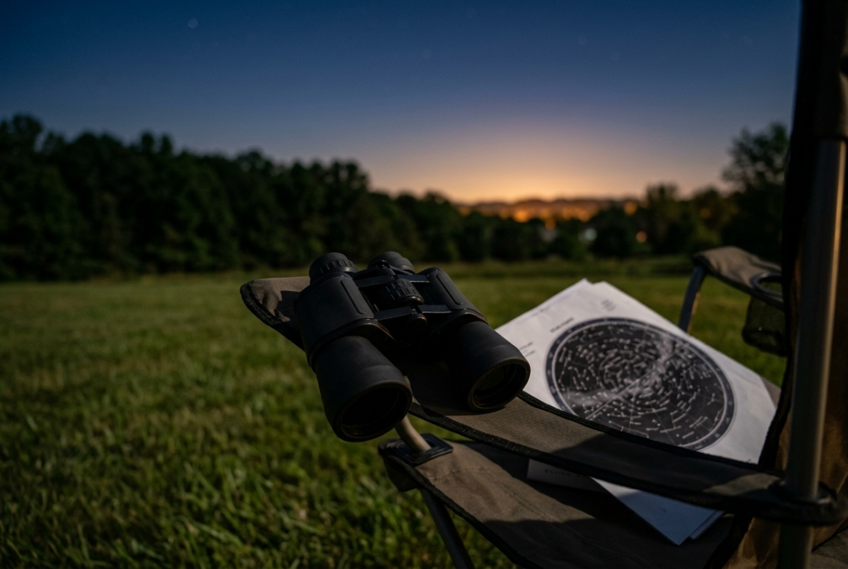 10x50 porro prism binoculars resting on a camp chair beside a paper star chart under a suburban night sky