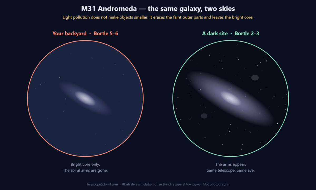 Side by side simulation of M31 Andromeda from a Bortle 5-6 backyard versus a Bortle 2-3 dark site
