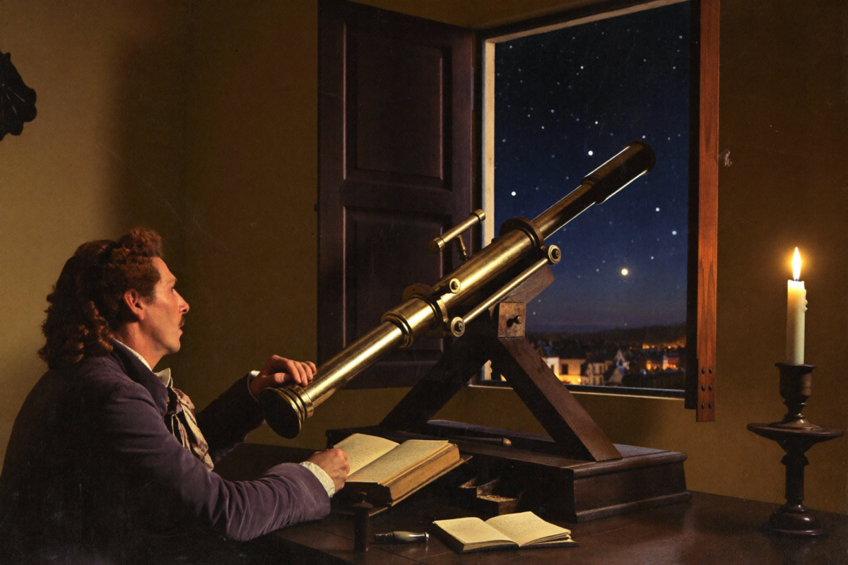 Charles Messier at a brass refracting telescope in a candlelit Paris observatory, logbook open beside him