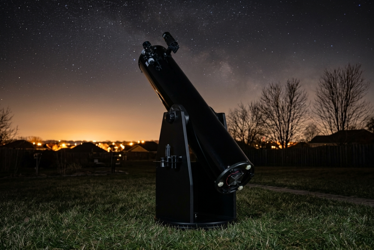 Eight-inch Dobsonian telescope on a suburban lawn at night with the orange glow of town lights on the horizon